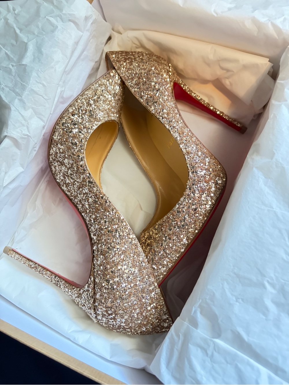 Christian Louboutin Rose Gold Glitter Pumps with Signature Red Soles
